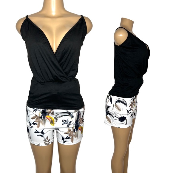 NWT 2 Pieces Black and White Women Set Size M and L Stretchy Short and Wrap Top - Picture 1 of 8